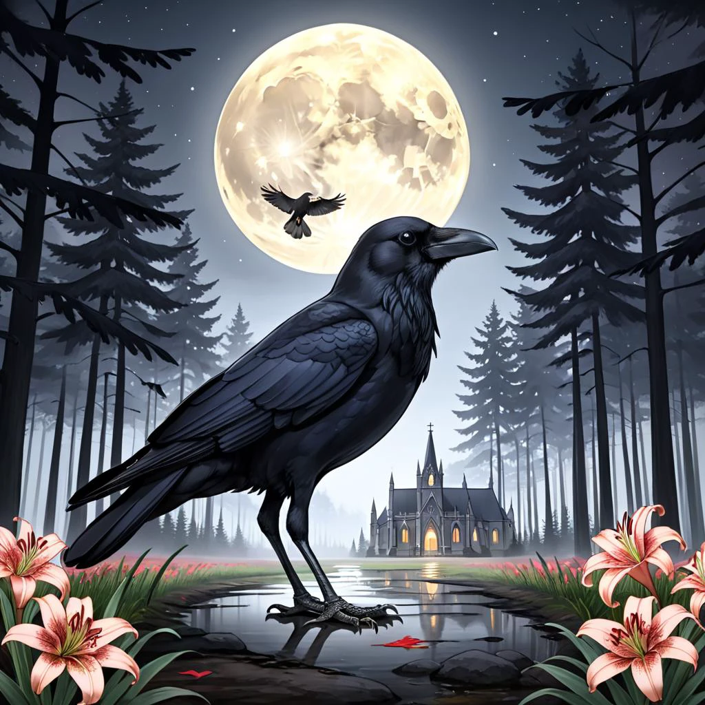 crow, cathedral, duskull, dusk, crows fall all over the ground, dark forest, spider lily, big full moon, terrorism,
best quality, high quality, highres, masterpiece,
<lora:crow SDXL-000001:0.7>
<lora:SDXL Detail Tweaker XL ç»èè°æ´å¨ -3 3:3>
<lora:SDXL Darkness_Cinema:0.6>