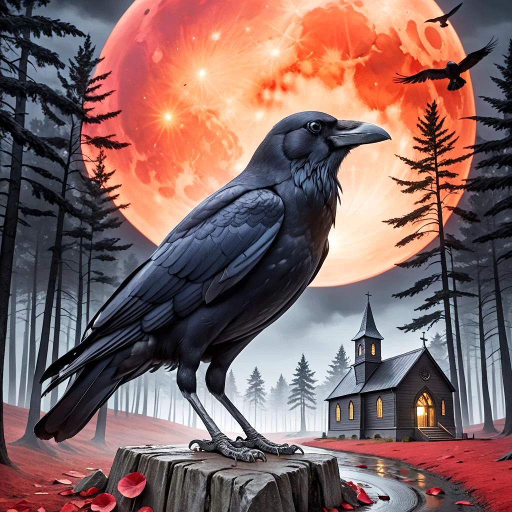 crow, cathedral, duskull, dusk, crows fall all over the ground, dark forest,  terrorism, the departed souls of the dead, huge red moon, 
best quality, high quality, highres, masterpiece, 
<lora:crow SDXL-000001:0.7>
<lora:SDXL Detail Tweaker XL ç»èè°æ´å¨ -3 3:3>
<lora:SDXL Darkness_Cinema:0.6>