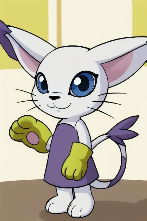 1girl, best quality, gatomon <lora:45_gatomonAny:0.85> anthro, white skin, dress, smile, yellow gloves,