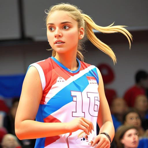 srbn, 1girl, sleeveless, white, blue and red outfit, <lora:oufit - serbia-07:1>, standing, tied hair, playing volleyball