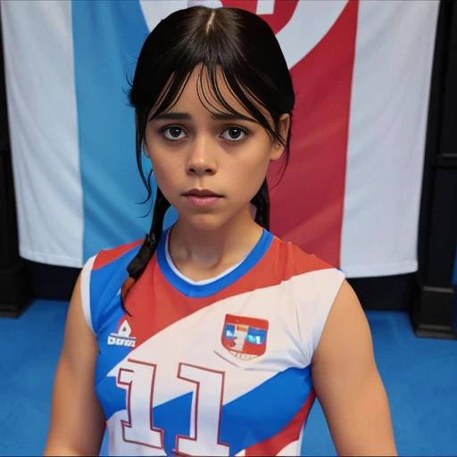 srbn, 1girl, sleeveless, white, blue and red outfit, gym shorts, <lora:oufit - serbia-07:1>, standing, tied hair, full body, w3day_14