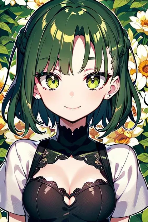 best quality,finely detailed beautiful eyes and detailed face,high quality, masterpiece, 1girl, solo,from front, looking at viewer,flower garden, cowboy shot, short hair, floating hair, (hair slicked side:1.4), (dark green hair:1.5), eye shadow, blank stare, long eyelashes, (brown mascara:1.0), (dark green eyes), (smiling face), closed mouth, (small mouth),medium breast,(small head),(black dress:1.3), cleavage cutout, lace trim, short sleeves, shurg, turtleneck