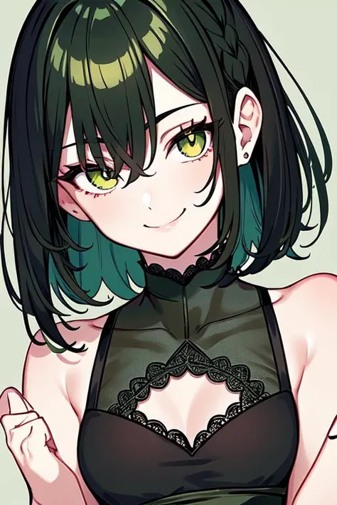 best quality,finely detailed beautiful eyes and detailed face,high quality, masterpiece, Sharp Focus, (female focus), 1girl, solo,from front, looking at viewer, simple background, white background, cowboy shot, short hair, floating hair, (hair slicked side:1.4), (dark green hair:1.5), eye shadow, blank stare, long eyelashes, (brown mascara:1.0), (dark green eyes), (smiling face), closed mouth, (small mouth),medium breast,(small head),(black dress:1.3), cleavage cutout, lace trim, short sleeves, shurg, turtleneck