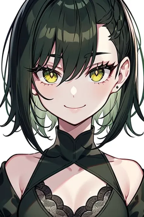 best quality,finely detailed beautiful eyes and detailed face,high quality, masterpiece, Sharp Focus, (female focus), 1girl, solo,from front, looking at viewer, simple background, white background, cowboy shot, short hair, floating hair, (hair slicked side:1.4), (dark green hair:1.5), eye shadow, blank stare, long eyelashes, (brown mascara:1.0), (dark green eyes), (smiling face), closed mouth, (small mouth),medium breast,(small head),(black dress:1.3), cleavage cutout, lace trim, short sleeves, shurg, turtleneck