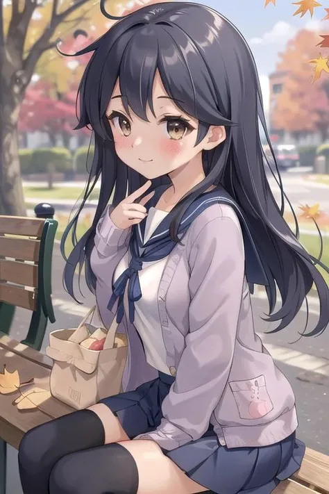 masterpiece,best quality,girl,ultra detail,petite,blush,smile,ushioautumnKC, long hair, black hair, school uniform, ahoge, pleated blue skirt, serafuku, sailor collar, kneehighs, cardigan, blue sailor collar, open cardigan <lora:ushio:0.7>autumn leaves,outdoor,maple tree,park,lunch,bench,from side,(close up)