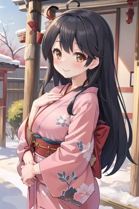 masterpiece,best quality,girl,ultra detail,petite,large breasts,blush,smile,ushioautumnKC, long hair, black hair, ahoge,kimono,shrine,winter <lora:ushio:0.7>outdoor,join hands,drawstring bag,neck fur