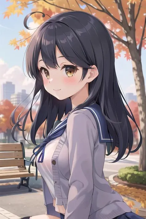masterpiece,best quality,girl,ultra detail,petite,large breasts,blush,smile,ushioautumnKC, long hair, black hair, school uniform, ahoge, pleated blue skirt, serafuku, sailor collar, kneehighs, cardigan, blue sailor collar, open cardigan <lora:ushio:0.7>autumn leaves,outdoor,maple tree,park,lunch,bench,from side,(close up)