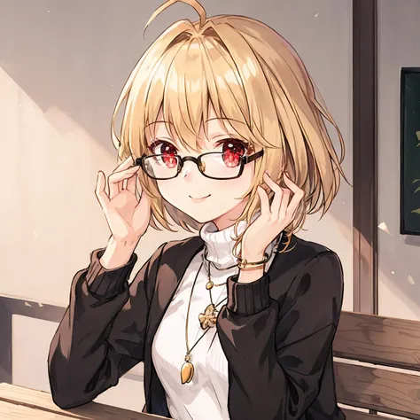 1girl, arcueid brunestud, blonde hair, glasses, solo, red eyes, smile, short hair, sweater, adjusting eyewear, necklace, jewelry, looking at viewer, turtleneck, white sweater, turtleneck sweater, antenna hair, black-framed eyewear, bench, closed mouth, bangs, bespectacled<lyco:arcueidBrunestud_v3Meta:0.8>,<lora:add_detail:0.3> , <lora:shukezouma_v1_1:0.4>, <lora:MoXinV1:0.2>, <lora:C_gongbi:0.2>