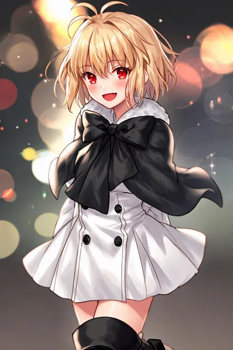 arcueid \(tsukihime\), 1girl, arms behind back, black bowtie, blush, buttons, white fur capelet, dress, fur trim, looking at viewer, open mouth, smile, solo, vampire, white dress, bokeh, long sleeves, :d, blurry, blurry background, boots, thigh boots, arcueid \(coat\), <lora:arcueid_meta_lycoris:0.9><lora:add_detail:0.3>, <lora:C_gongbi:0.2>