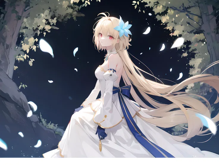 masterpiece,best quality,1girl,archetype earth \(hime\),dress,strapless dress,bare shoulders,sitting,arms_crossed,from side,looking up,detached sleeves,petals,long dress:1.5,white dress,blue dress,antenna hair,detached collar,ribbon,night,blonde hair,red eyes,glowing eyes,sad,light smile,hair ornament,hair flower,white gloves,multicolored clothes,wedding_dress,<lora:arcueid_meta_lycoris:0.8>,