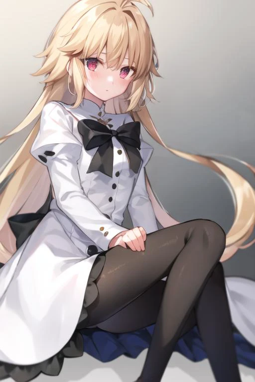 1girl, aged down, black bowtie, black pantyhose, buttons, closed mouth, dress, black frilled skirt, frills, juliet sleeves, long sleeves, looking at viewer, mtmosphere, pantyhose, puffy sleeves, sitting, solo, white dress, breasts, blush, gradient, gradient background, grey background, feet out of frame, small breasts, eco arc \(tsukihime\),  chibi, <lora:arcueid_meta_lycoris:1>