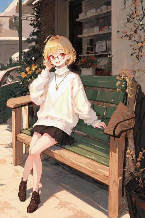 1girl, arcueid brunestud, blonde hair, glasses, solo, red eyes, smile, short hair, sweater, adjusting eyewear, necklace, jewelry, looking at viewer, turtleneck, white sweater, turtleneck sweater, antenna hair, black-framed eyewear, bench, closed mouth, bangs, bespectacled<lyco:arcueidBrunestud_v3Meta:0.8>, <lora:add_detail:0.3> , <lora:C_gongbi:0.2>