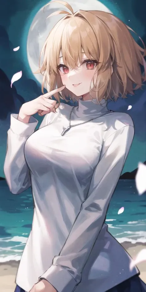 arcueid \(tsukihime\), 1girl, blush, breasts, chain necklace \(arcueid\), large breasts, white long sleeves turtleneck sweater, looking at viewer, smile, tongue, tongue out, upper body, finger to mouth, licking, :p, slit pupils, licking finger, full moon, night, night sky, outdoors, smile, solo, thighs, parted lips, petals, standing, moonlight, <lora:arcueid_meta_lycoris:0.9>