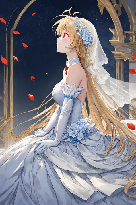 masterpiece, best quality, 1girl, <lyco:arcueidBrunestud_v3Meta:0.8>,archetype earth \(hime\), dress,strapless dress,bare shoulders, sitting,arms_crossed,from side, looking up, detached sleeves, petals, long dress:1.5, white dress,blue dress,antenna hair, detached collar,ribbon, night, blonde hair, red eyes,glowing eyes, sad,light smile,hair ornament,hair flower, white gloves,multicolored clothes,simple background,wedding_dress <lora:add_detail:0.3>, <lora:C_gongbi:0.2>