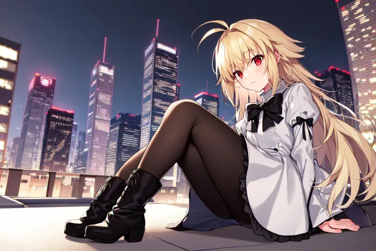 eco arc \(tsukihime\),  blonde hair,long hair,red eyes,white dress,bowtie,black bow,black pantyhose,black boots,1girl, sitting,on rooftop of skyscraper,at midnight,moon,full body,looking up,aged down,   <lyco:arcueidBrunestud_v3Meta:0.75>