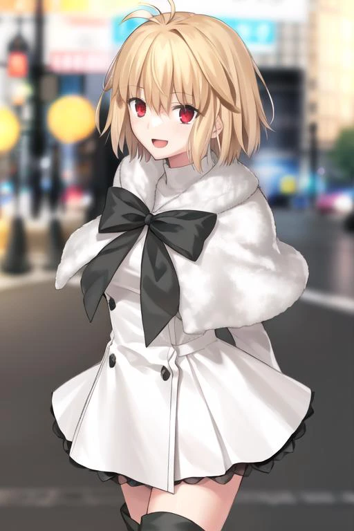 arcueid \(tsukihime\), 1girl, arms behind back, black bowtie, blush, buttons, white fur capelet, dress, fur trim, looking at viewer, open mouth, smile, solo, vampire, white dress, bokeh, long sleeves, :d, blurry, blurry background, boots, thigh boots, arcueid \(coat\),  <lora:arcueid_meta_lycoris:1>