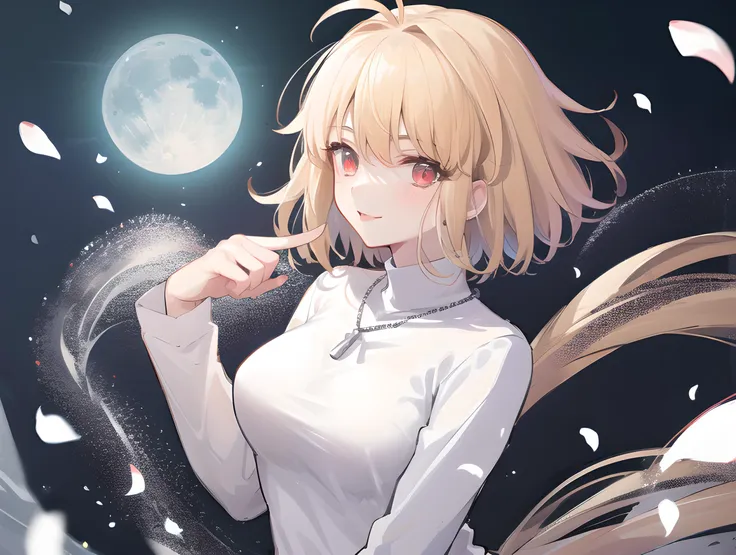 arcueid \(tsukihime\),1girl,blush,breasts,chain necklace \(arcueid\),large breasts,white long sleeves turtleneck sweater,looking at viewer,smile,tongue,tongue out,upper body,finger to mouth,licking,:p,slit pupils,licking finger,full moon,night,night sky,outdoors,smile,solo,thighs,parted lips,petals,standing,moonlight,<lora:arcueid_meta_lycoris:0.9>,