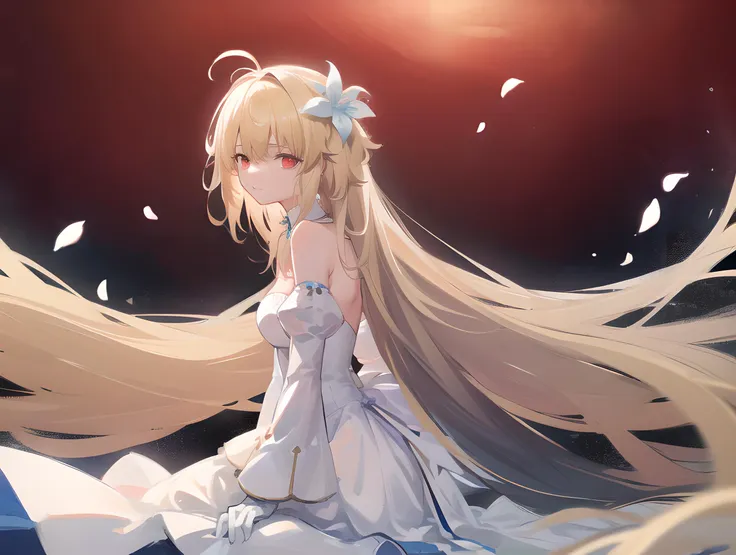 masterpiece,best quality,1girl,<lora:arcueid_meta_lycoris:0.9>,archetype earth \(hime\),dress,strapless dress,bare shoulders,sitting,arms_crossed,from side,looking up,detached sleeves,petals,long dress:1.5,white dress,blue dress,antenna hair,detached collar,ribbon,night,blonde hair,red eyes,glowing eyes,sad,light smile,hair ornament,hair flower,white gloves,multicolored clothes,simple background,wedding_dress,