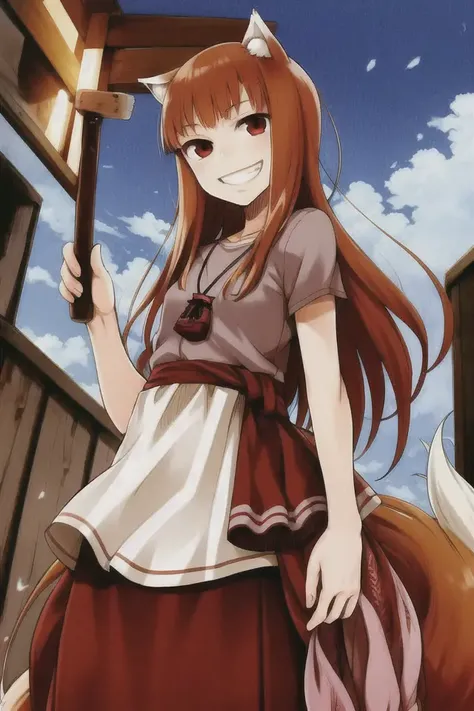 absurdres, best quality, masterpiece, novel illustration, (realistic:0.5), mediate, highly detailed, (detailed description),
1girl, wolf_ears, wolf_girl, wolf_tail, ((holo)), long_hair, solo, brown_hair, smile, pouch, grin, red_eyes, looking_at_viewer,
(spice and wolf), spicytail, Ayakura_Juu,