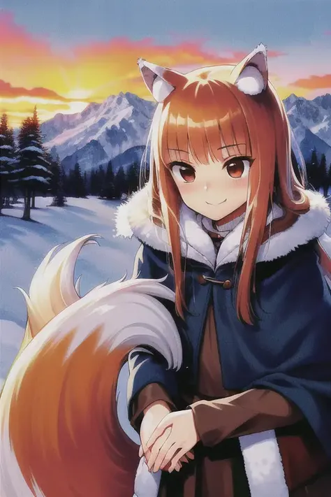 absurdres, high quality, highres, best quality, masterpiece, novel illustration, comic, (detailed background), highly detailed, (detailed description), foreground,
horizon, (sunset), (medieval times:1), outdoors,
(((holo))), tree, wolf_ears, bare_tree, 1girl, forest, nature, animal_ears, wolf_tail, winter, wolf_girl, 1boy, snow, fur_trim, long_hair, smile, holding_hands, outdoors, traditional_media, brown_hair, brown_eyes, koume keito,
(spice and wolf), spicytail, kawakami rokkaku, ayakura juu, koume keito,