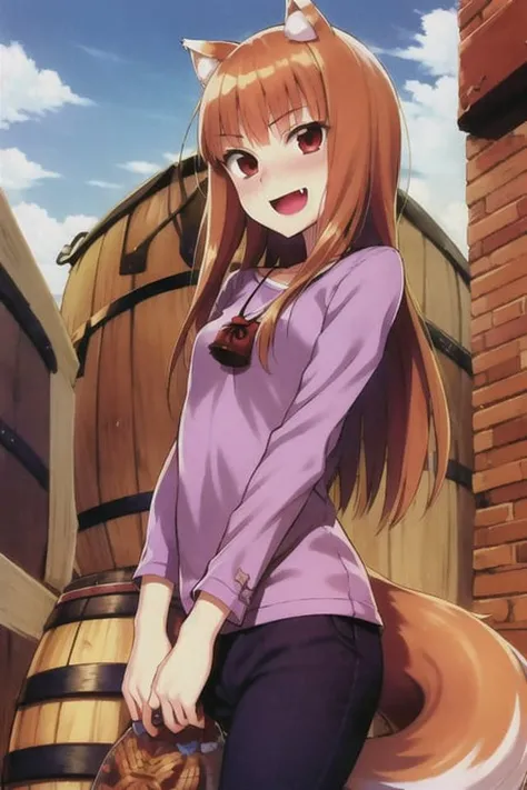 absurdres, best quality, masterpiece, novel illustration,(spice and wolf), (((holo))), (spicytail), (koume keito:1), (ayakura juu:1), (kawakami rokkaku:1), looking at viewer, wolf_ears, wolf_girl, wolf_tail, holo, animal_ears, 1girl, long_hair, brown_hair, purple_shirt, solo, brick_wall, blush, pouch, fang, smile, red_eyes, open_mouth, barrel, arms behind back, from front,