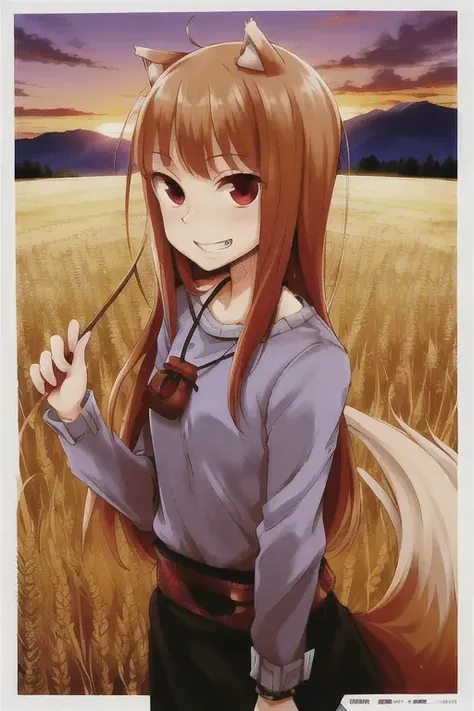 absurdres, high quality, highres, best quality, masterpiece, novel illustration, comic, (detailed background), highly detailed, (detailed description), foreground, upper body,
horizon, (sunset), (medieval times:1), outdoors, detailed cloudy sky, road, wheat, wheat field,
(((holo))), wolf ears, wolf tail, big tail, long hair, brown hair, solo, small breasts, pink shirt, ((pouch)), red eyes, looking at viewer, grin,
(spice and wolf), spicytail, kawakami rokkaku, (ayakura juu:1.5), koume keito,