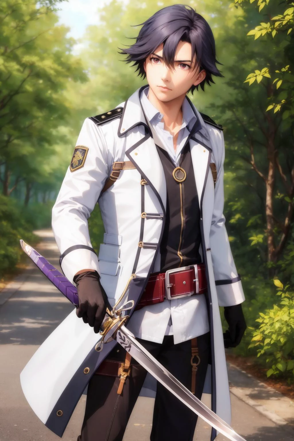 masterpiece, best quality, rean schwarzer, sen3rean, white coat, black shirt, black gloves, thigh strap, red belt, black pants, furrowed brow, standing <lora:rean-nvwls-v1-000009:0.9> <lora:UnlimitedBladeWorks1.6:0.8> holding, holding weapon, katanaonehand, road, forest