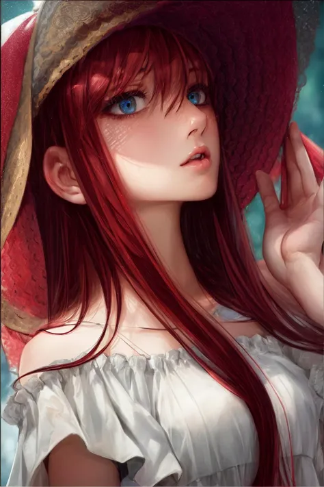 blurry background, 
long hair, red hair, 
detailed eyes, eyes, extreme details, intricate,
brown sombrero,
shiny hair, shiny, shiny skin, shiny clothes, realistic, (photorealistic:1.1)
<lora:more_details:0.35>