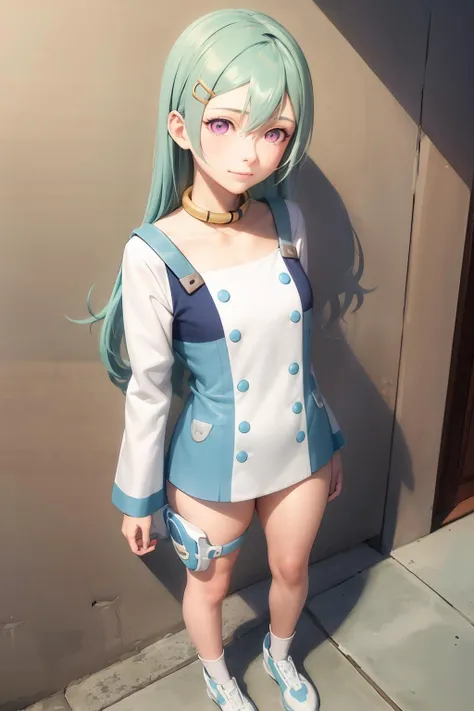 masterpiece, best quality, <lora:eureka:1>,1girl, solo, long hair,(bangs:1.4), hair ornament,little smile, purple eyes, hairclip,aqua hair,thigh pouch, thigh holster,white footwear, blush, closed mouth, collarbone, collar, buttons, blue hair, dress, pink eyes, green hair, shirt, alternate hairstyle,full body