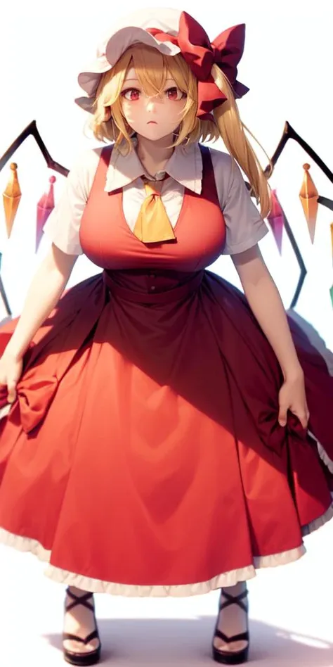 adult <lora:flandre:1>,flandre scarlet,1girl,long dress,long skirt,gigantic breasts,blonde hair,mob cap,hair bow,bowtie,side ponytail,wings,short sleeves,vest,ascot,white background,simple background,full body,standing