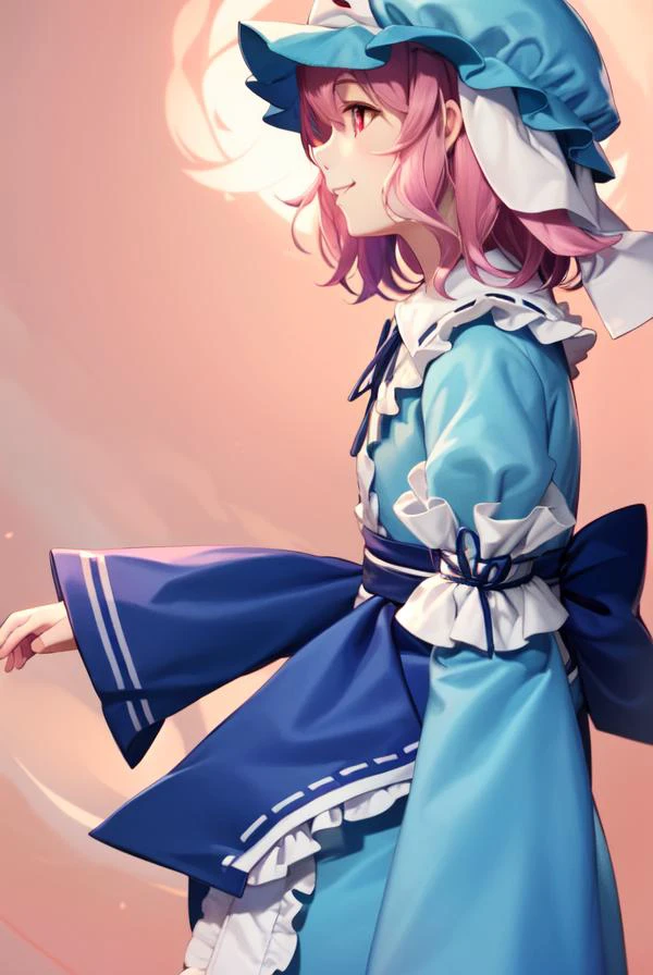 from side,<lora:yuyuko:1>,1girl, saigyouji yuyuko, (small:2) breasts,hat, pink hair, triangular headpiece, pink eyes, short hair, japanese clothes, wide sleeves, smile, dress, ribbon, tabi, obi, long sleeves, white background, simple background, full body,standing