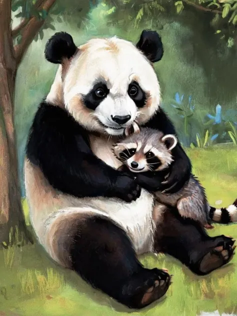 <lora:PasteldrawnXL0.8:1> panda and a raccoon cuddling together for a nap