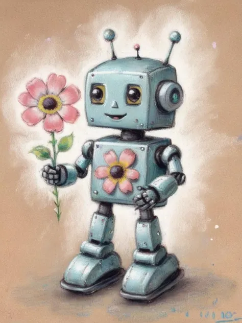 drawing with pastels of a very cute robot holding a flower <lora:PasteldrawnXL0.8:1>