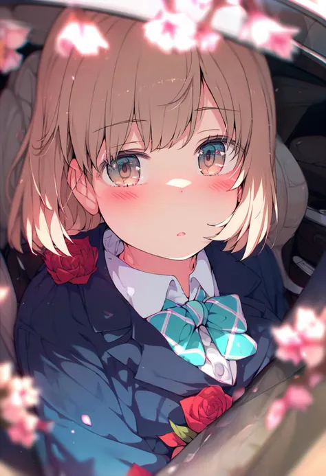 score_9, score_8_up, score_7_up, score_6_up, <lora:ogipoteXLP6lokrV42310-000124:0.95> 1girl, flower, blush, looking at viewer, red flower, bow, jacket, parted lips, rose, solo, bowtie, school uniform, brown eyes, shirt, blurry foreground, blurry, petals, white shirt, motor vehicle, collared shirt, short hair, brown hair, car interior, depth of field, red rose, blue jacket, from outside, car, pink flower, upper body, blazer, blue bow, cherry blossoms, striped bowtie, branch, light brown hair, striped bow, reflection