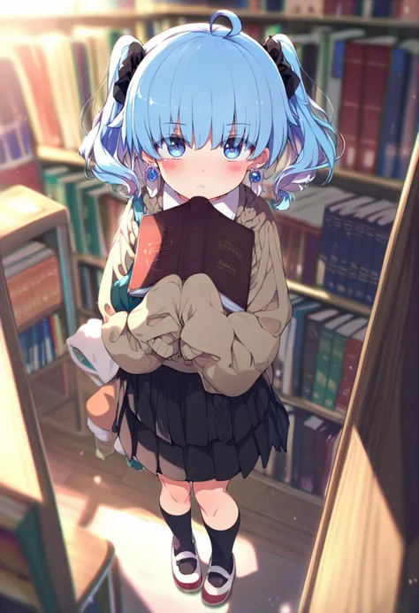 score_9, score_8_up, score_7_up, score_6_up, <lora:ogipoteXL_P6_lokr_V42310:0.95> 1girl, solo, blue eyes, book, skirt, socks, twintails, sweater, pleated skirt, blush, bookshelf, looking at viewer, black socks, sleeves past wrists, kneehighs, shoes, holding, indoors, black skirt, ahoge, library, blue hair, standing, holding book, blurry, school uniform, long sleeves, depth of field, hair bow, shirt, uwabaki, full body, bow, scrunchie, earrings