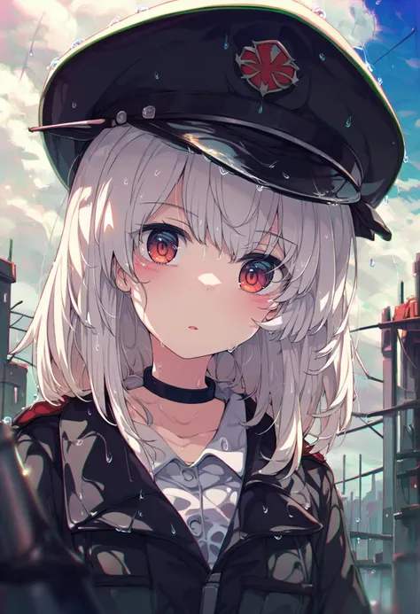 score_9, score_8_up, score_7_up, score_6_up, <lora:ogipoteXL_P6_lokr_V42310:0.95> 1girl, red eyes, rain, hat, choker, solo, peaked cap, sky, looking at viewer, black choker, outdoors, shirt, uniform, aiguillette, building, military, military uniform, upper body, jacket, collared shirt, long sleeves, military hat, black headwear, black jacket, collarbone, parted lips, cloud, wet, white hair, blue sky, long hair, white shirt, medium hair, umbrella, cloudy sky, day