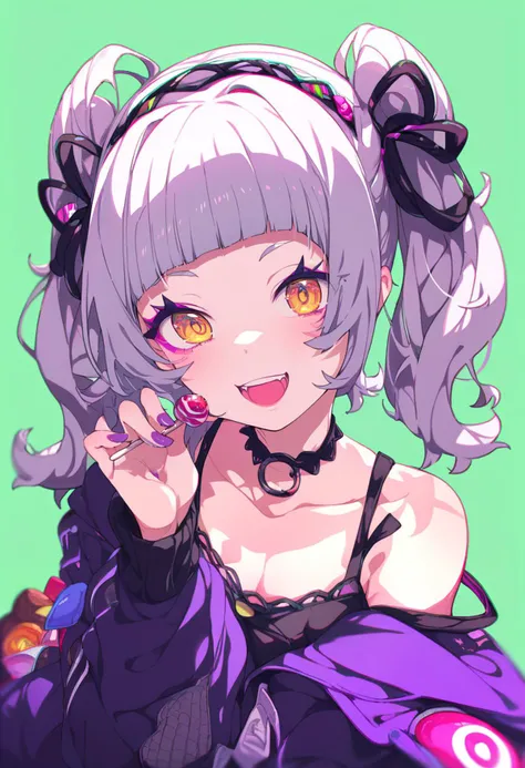 score_9, score_8_up, score_7_up, score_6_up, <lora:ogipoteXL_P6_lokr_V42310:0.95> 1girl, murasaki shion, virtual youtuber, lollipop, food, solo, candy, twintails, grey hair, long hair, purple nails, holding lollipop, holding food, hair ornament, holding candy, jacket, looking at viewer, choker, holding, yellow eyes, jewelry, nail polish, necklace, crescent, upper body, hair ribbon, eyeshadow, ribbon, alternate costume, off shoulder, open mouth, bare shoulders, green background, teeth, makeup, purple jacket, camisole, arched bangs, crescent hair ornament, smile, collarbone, hairband, orange eyes, black ribbon, long sleeves, blunt bangs, black choker