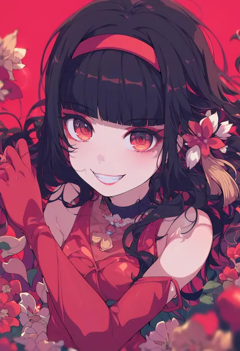 score_9, score_8_up, score_7_up, score_6_up, <lora:ogipoteXL_P6_lokr_V42310:0.95> 1girl, gloves, red eyes, solo, black hair, long hair, elbow gloves, smile, red gloves, red background, looking at viewer, upper body, red dress, makeup, grin, teeth, jewelry, hairband, red theme, eyeshadow, bare shoulders, dress, collar, red eyeshadow, arms up, blunt bangs, sleeveless, see-through, flower, tassel, necklace