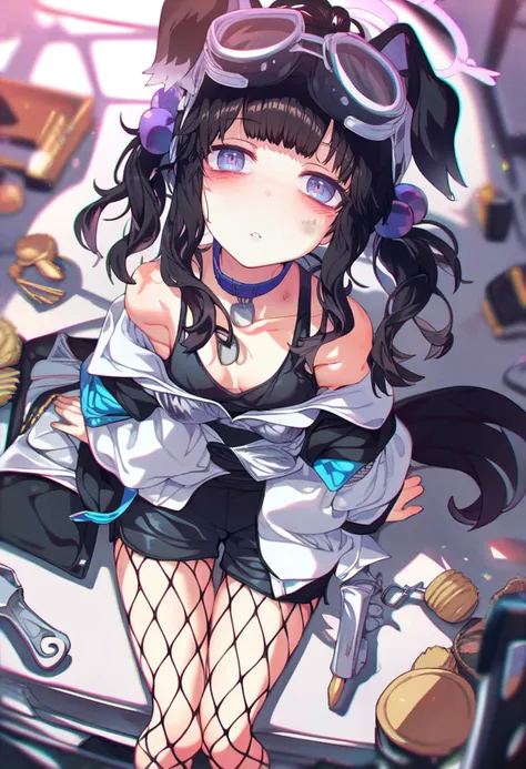 score_9, score_8_up, score_7_up, score_6_up, <lora:ogipoteXL_P6_lokr_V42310:0.95> 1girl, hibiki \(blue archive\), solo, black hair, fishnets, animal ears, fishnet pantyhose, looking at viewer, pantyhose, goggles, goggles on head, dog ears, tail, sitting, long hair, from above, jacket, shorts, hair ornament, dirty, bare shoulders, dog girl, collar, yellow halo, ammunition, wrench, halo, blue eyes, dog tags, looking up, breasts, hair bobbles, black shorts, dog tail, dirty face, off shoulder, purple eyes, blush, collarbone, parted lips, purple collar, small breasts