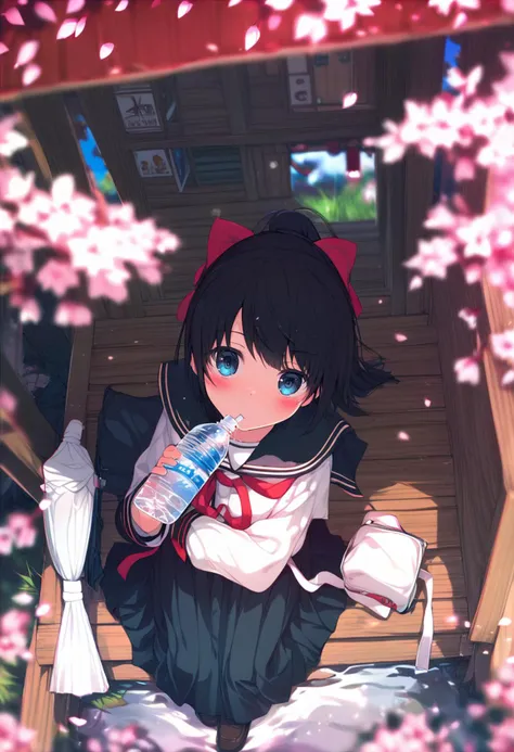 score_9, score_8_up, score_7_up, score_6_up, <lora:ogipoteXL_P6_lokr_V42310:0.95> umbrella, black hair, school uniform, blue eyes, 1girl, bottle, bag, sitting, skirt, cherry blossoms, solo, ponytail, ribbon, looking at viewer, blush, socks, drinking, water bottle, shoes, petals, serafuku, outdoors, depth of field, school bag, loafers, hair bow, from above, blurry, bow, hair ribbon, black skirt