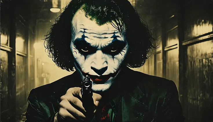 cinematic photo Joker  pointing a  gun to the viewer <lora:Moody__Time:0.8>, 35mm photograph, film, bokeh,  professional, 4k, highly detailed