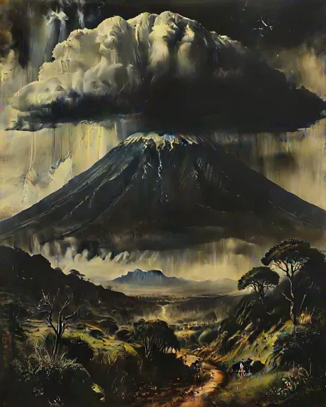 landscape of a Heavenly Mount Kilimanjaro, Thunderstorm, Qajar Art, gothic, <lora:Moody__Time:1>