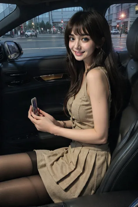 (dark scene, soft lighting, high saturated):1.4, vivid illumination, enchanting elegance, atmospheric depth, masterful technique, naturalistic representations, harmonious composition, creative refinement, striking juxtapositions,
1girl, ((smile)), blue eyes, white pleated skirt, thighhighs, looking at viewer, ((codriver)), sitting,
sharp focus,((sunset)),volumetric fog,