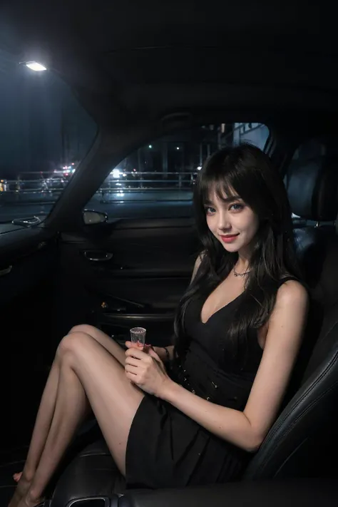 (dark scene, soft lighting, high saturated):1.4, vivid illumination, enchanting elegance, atmospheric depth, masterful technique, naturalistic representations, harmonious composition, creative refinement, striking juxtapositions,
1girl, ((smile)), dark dress, blue eyes, looking at viewer, cowboyshot, ((codriver))
,volumetric fog, outdoors