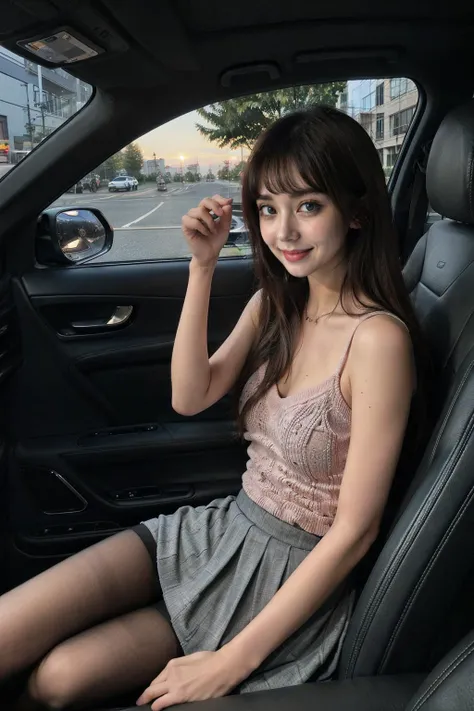 (dark scene, soft lighting, high saturated):1.4, vivid illumination, enchanting elegance, atmospheric depth, masterful technique, naturalistic representations, harmonious composition, creative refinement, striking juxtapositions,
1girl, ((smile)), blue eyes, white pleated skirt, thighhighs, looking at viewer, ((codriver)), sitting,
sharp focus,((sunset)),volumetric fog,