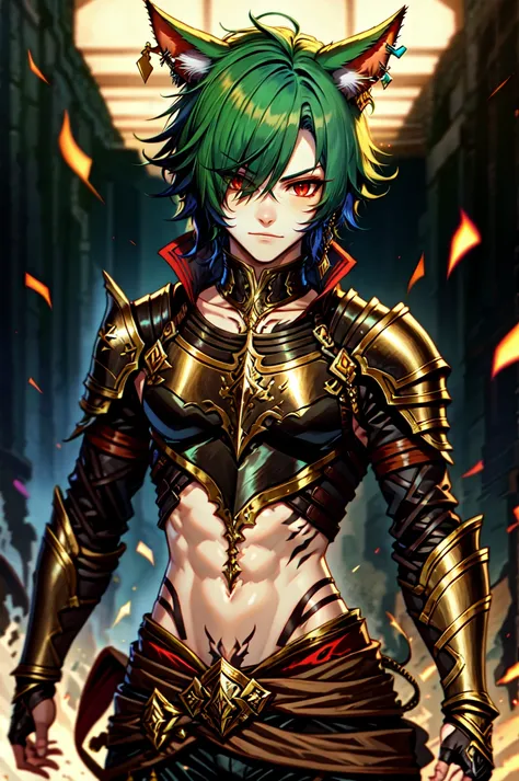 HotBoys,solo, looking at viewer, short hair, red eyes, 1boy, animal ears, jewelry, standing, male focus, multicolored hair, cowboy shot, earrings, green hair, cat ears, armor, hair over one eye, blurry, two-tone hair, blurry background, facial mark, shoulder armor, gauntlets, pauldrons, breastplate, vambraces, miqo'te, cat boy, neck tattoo, avatar (ff14) <lora:Hot_Boys:0.4>