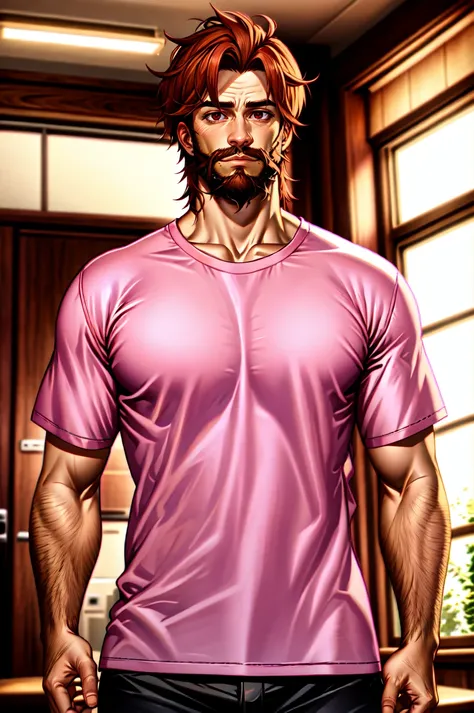 HotBoys, solo, brown hair, shirt, 1boy, upper body, male focus, indoors, facial hair, clothes writing, beard, pink shirt, realistic <lora:Hot_Boys:0.4>