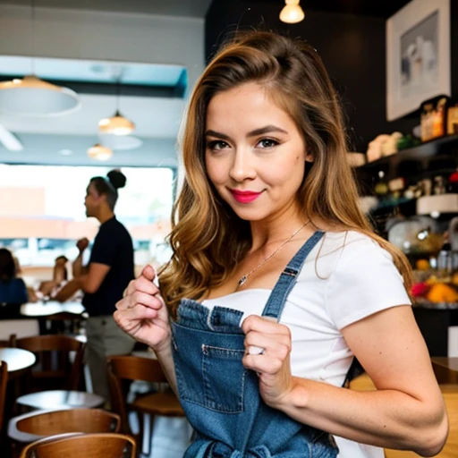 woman mid shot, face focus with shirt, in cafe in the background, <lora:ohtomo takuji l2:1>