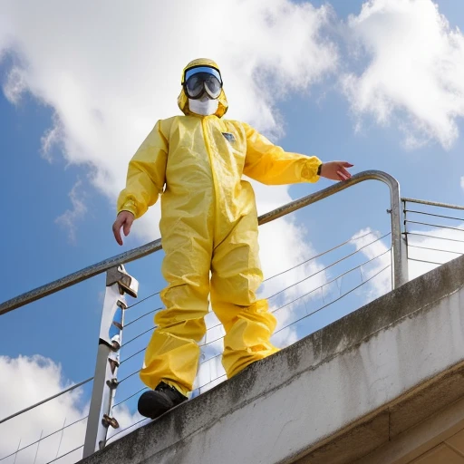 a yellow hazmat suit in blue sky with clouds and a spiral staircase