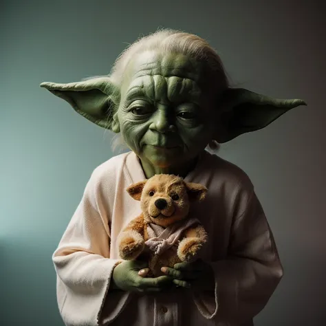 yoda holding stuffed teddy bear toy in dark room with light , V3rh03v3n